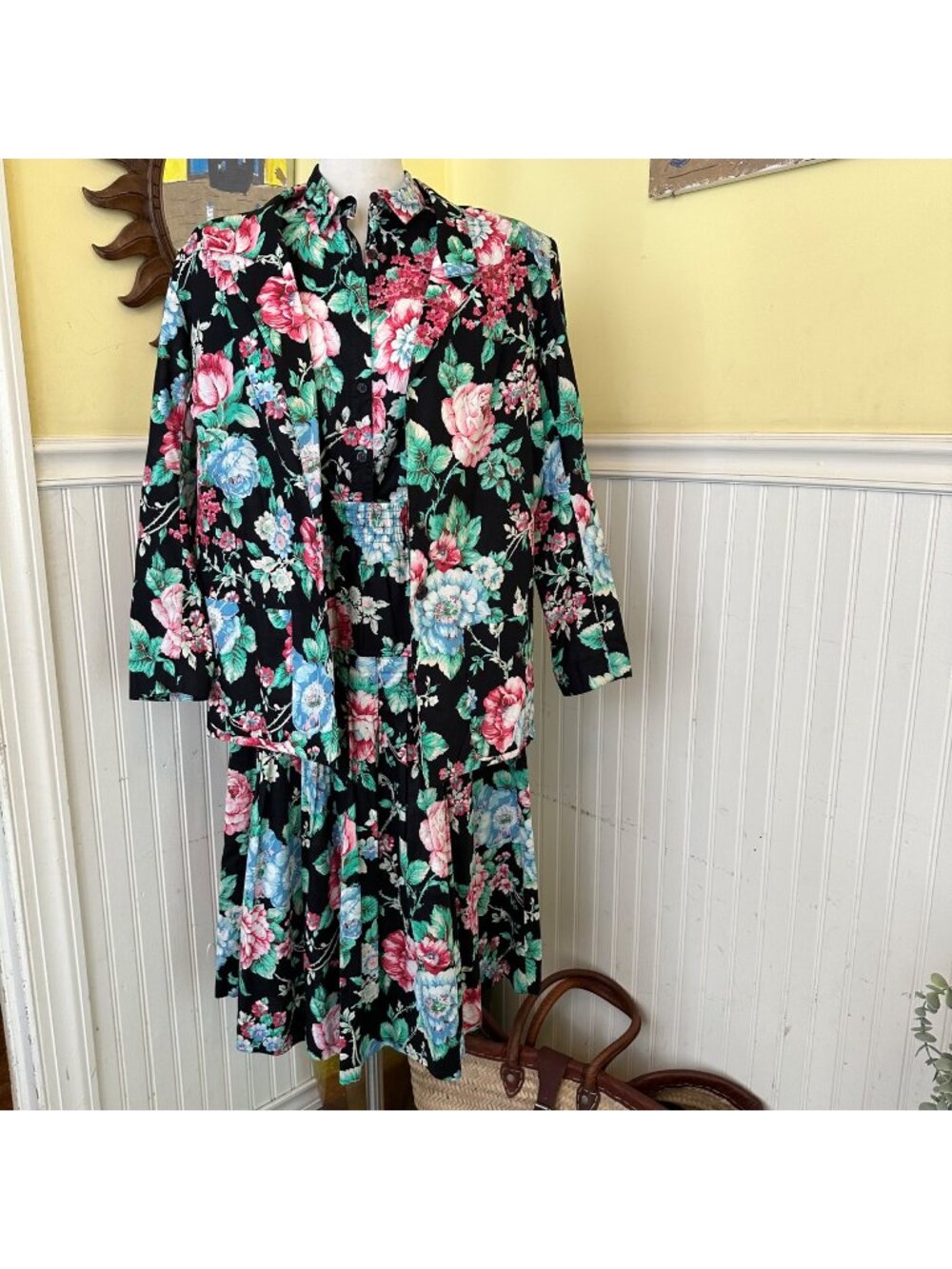 Floral Button-Up Dress With Matching Open Blazer Jacket Black Multicolor Retro W